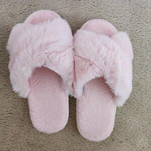 🆕Women's Pink Fuzzy Slippers Cross Band Memory Foam Faux-fur Open Toe Shoes